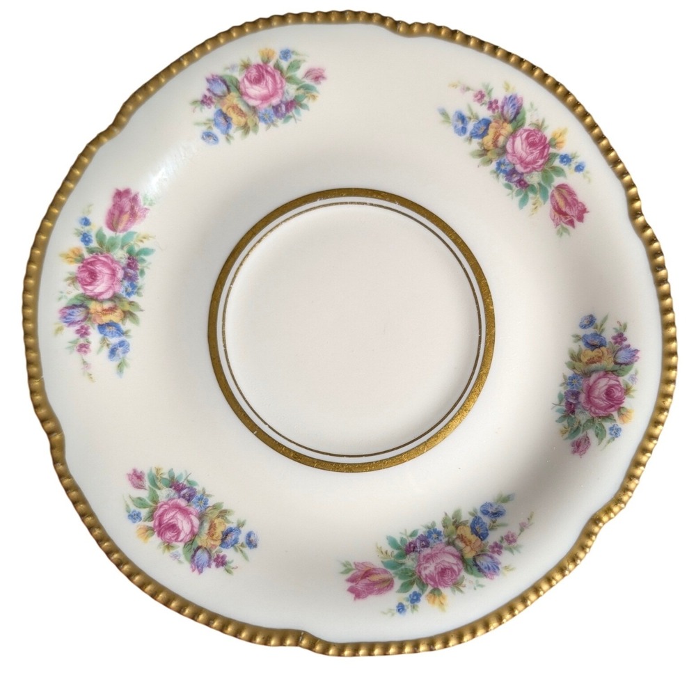 Castleton China Bouquet Saucers Set of 4 Floral Gold Beaded Rim USA 6 in Vintage